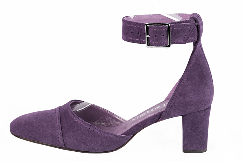 Amethyst purple women's open side shoes, with a strap around the ankle. Round toe. Medium block heels. Profile view - Florence KOOIJMAN